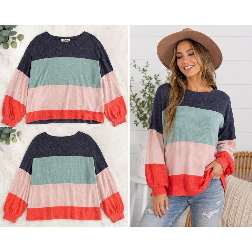 Haptics Color Block Oversized Long Sleeve Top Navy Mint Pink Coral